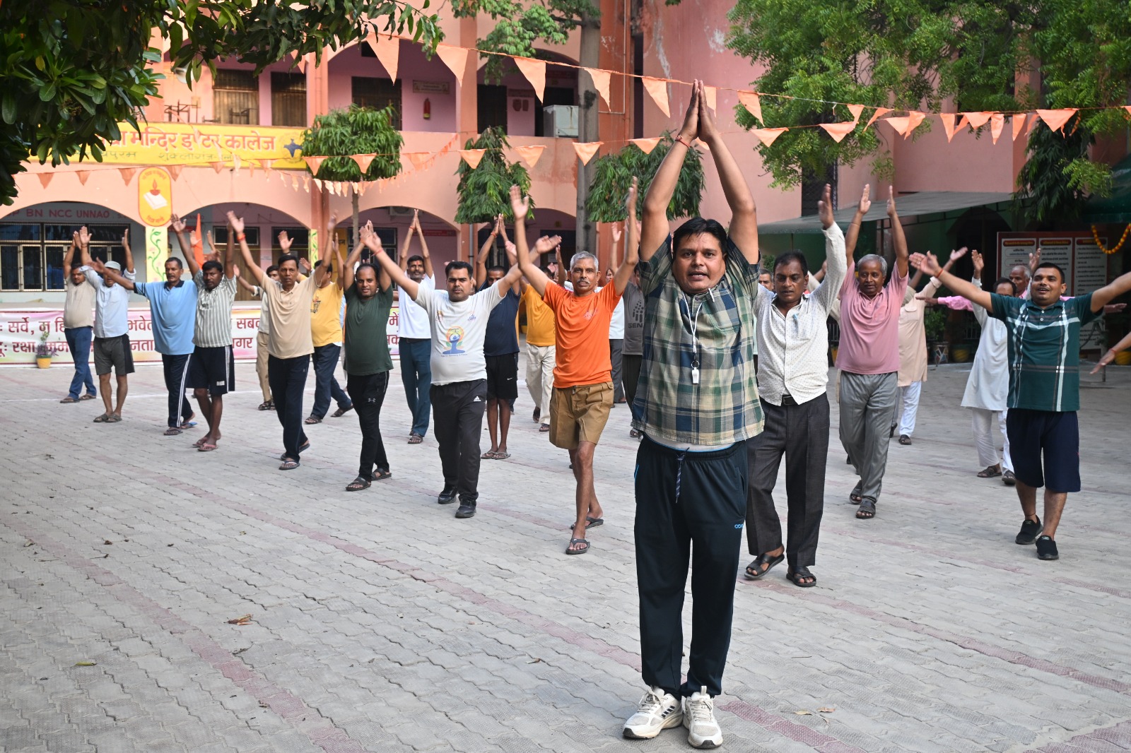 Morning exercise in courtyard